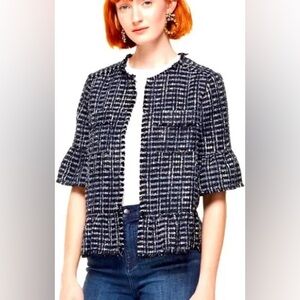 Kate Spade flounce sleeve navy/silver tweed jacket